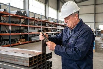 Ingénieur mesurant une cornière en acier en L avec un pied à coulisse dans un entrepôt industriel, illustrant les normes de tolérance dimensionnelle