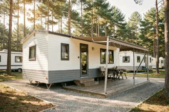 Mobil-home moderne blanc et gris dans un camping français entouré de pins, idéal pour un investissement locatif rentable