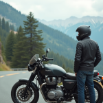 Motard regardant la montagne avec sa moto en paysage