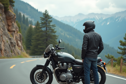 Motard regardant la montagne avec sa moto en paysage