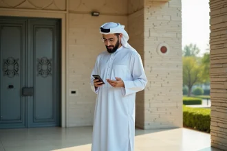 Musulman en thobe vérifiant l'heure de prière devant une mosquée moderne