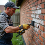 Homme en salopette nettoyant un mur en briques avec une spatule