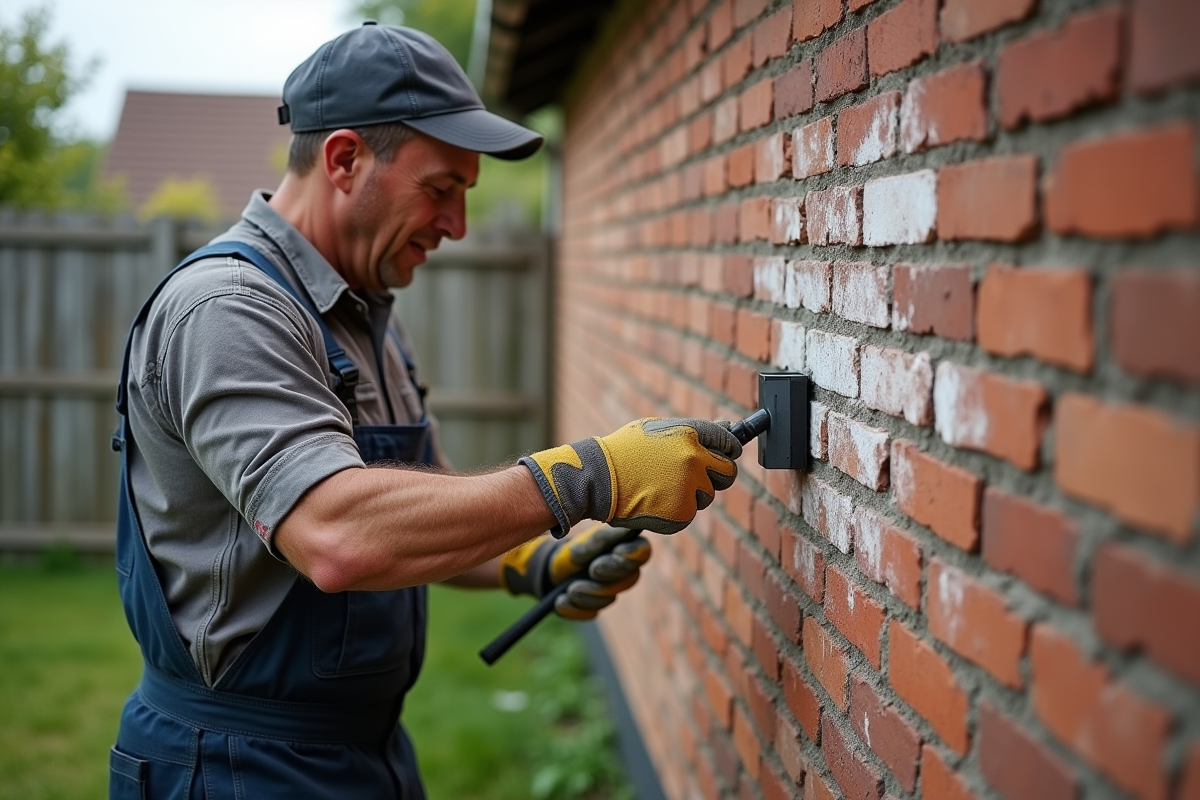 Homme en salopette nettoyant un mur en briques avec une spatule