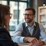 Opticien souriant aidant un client dans une boutique parisienne