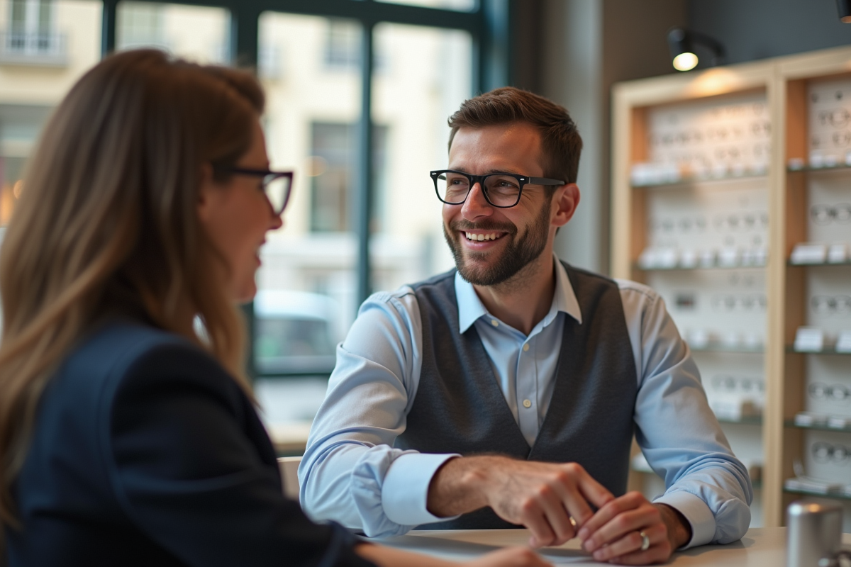 Opticien souriant aidant un client dans une boutique parisienne