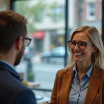Opticien souriant dans une boutique moderne d'optique avec client essayant des lunettes