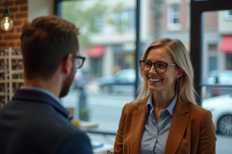 Opticien souriant dans une boutique moderne d'optique avec client essayant des lunettes