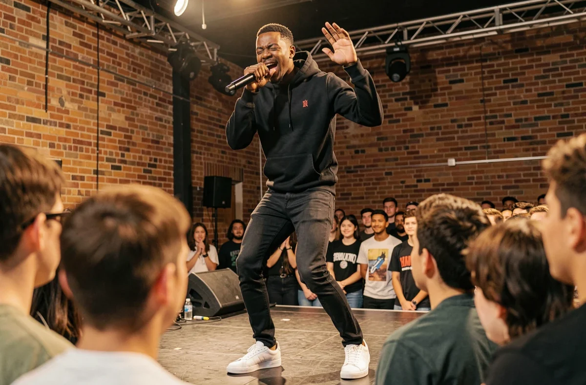 Jeune rappeur en concert sur scène professionnelle tenant un micro, ambiance salle de spectacle avec public en arrière-plan