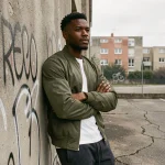 Portrait d'un jeune rappeur en blouson bomber vert dans une cour de banlieue avec graffitis, ambiance urbaine authentique