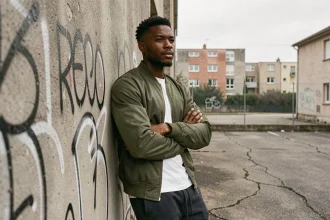 Portrait d'un jeune rappeur en blouson bomber vert dans une cour de banlieue avec graffitis, ambiance urbaine authentique