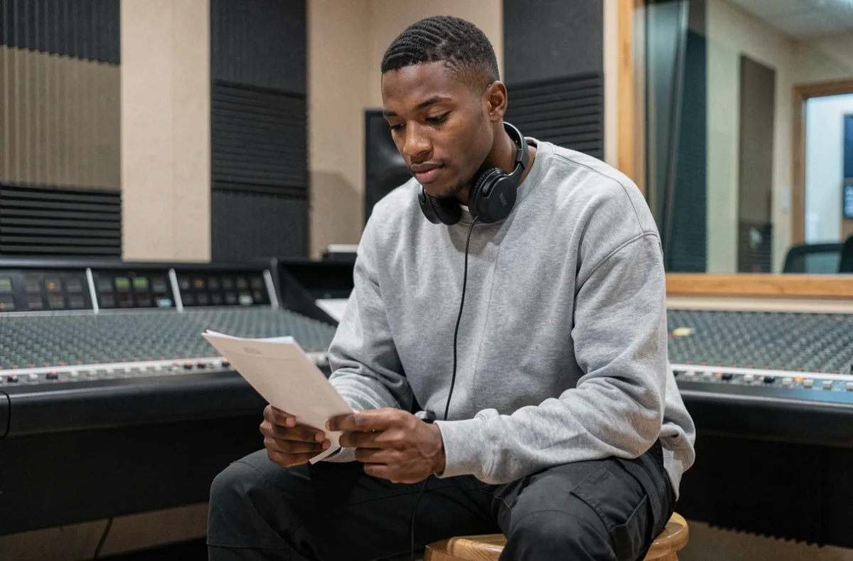 Rappeur en studio d'enregistrement assis sur un tabouret avec une feuille de paroles, intérieur acoustique professionnel