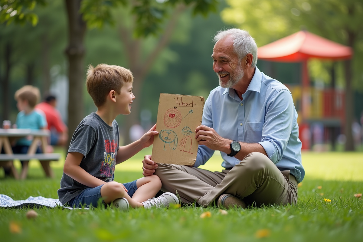 Pere et fils discutant avec un panneau dans un parc urbain