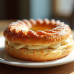 Gâteau ParisBrest praliné sur assiette blanche