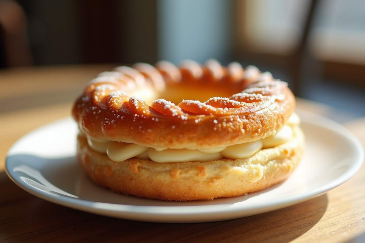 Gâteau ParisBrest praliné sur assiette blanche