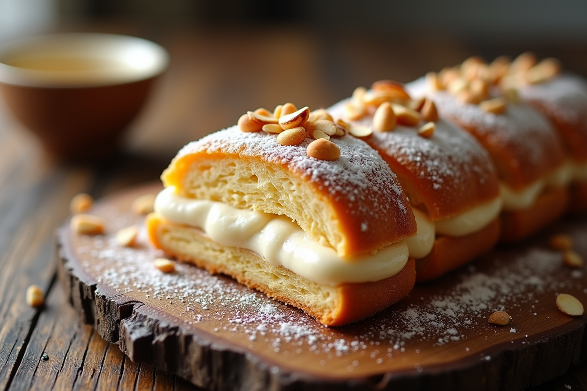 Tranche de ParisBrest praliné sur table en bois