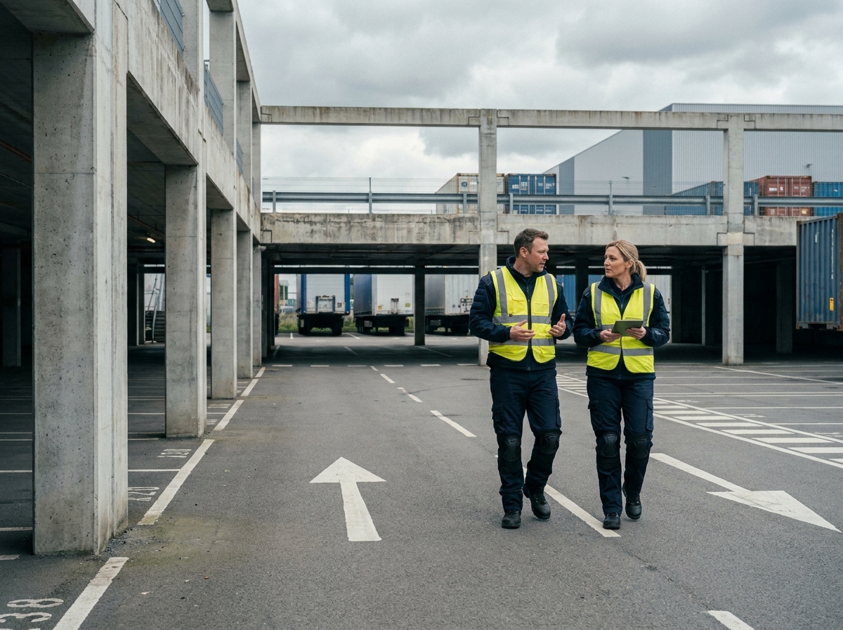 Deux agents de sécurité privée en patrouille dans un parking extérieur de zone logistique, portant des tenues haute visibilité ergonomiques alliant sécurité et confort au travail
