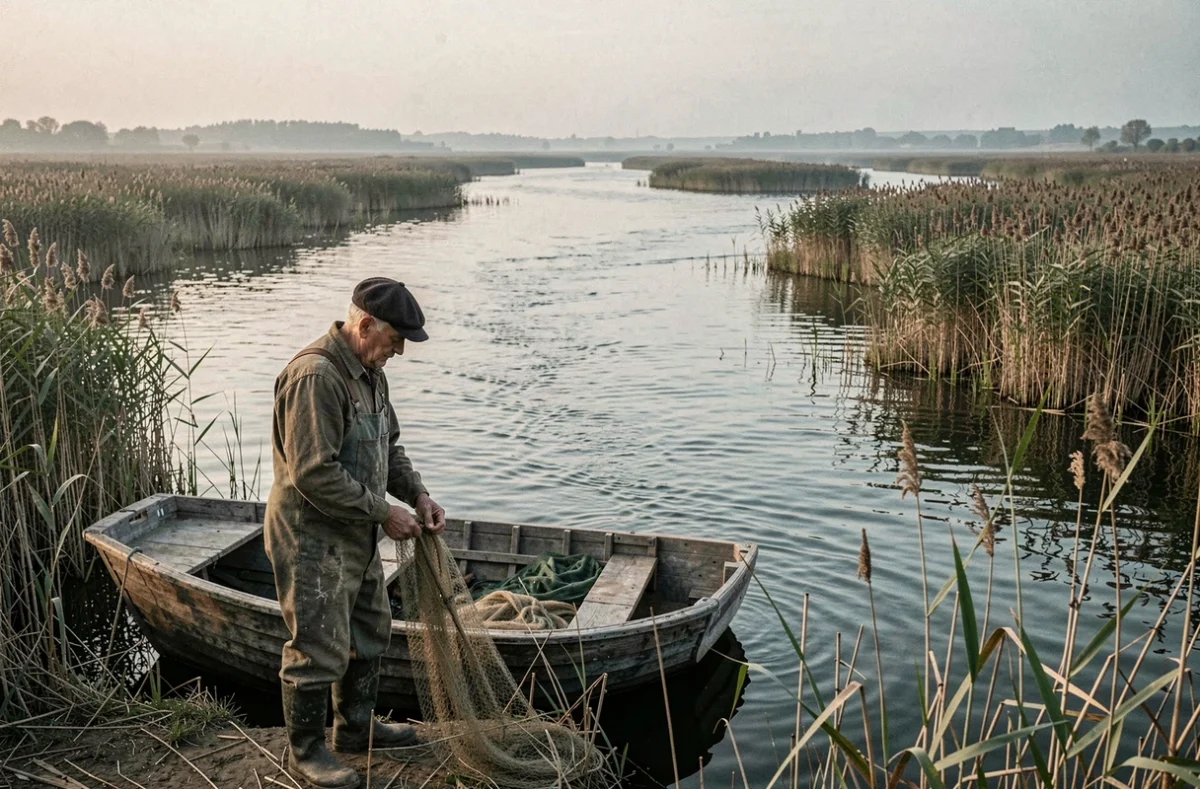 Pêcheur dans le delta du Danube en Roumanie ajustant ses filets au bord d'un chenal entouré de roseaux