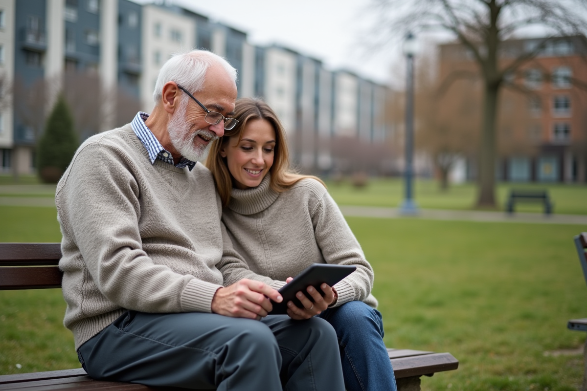 Père et fille âgés discutant de finances dans un parc urbain