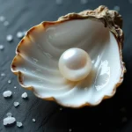 Perle huître blanche nacrée posée dans une coquille d'huître ouverte sur une ardoise noire avec sel de mer
