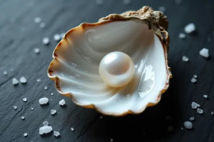Perle huître blanche nacrée posée dans une coquille d'huître ouverte sur une ardoise noire avec sel de mer