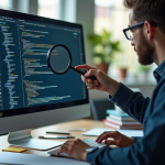 Personne dans un bureau pointant un écran de code avec loupe