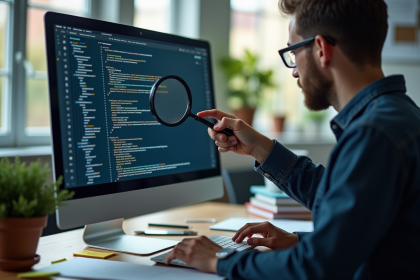 Personne dans un bureau pointant un écran de code avec loupe