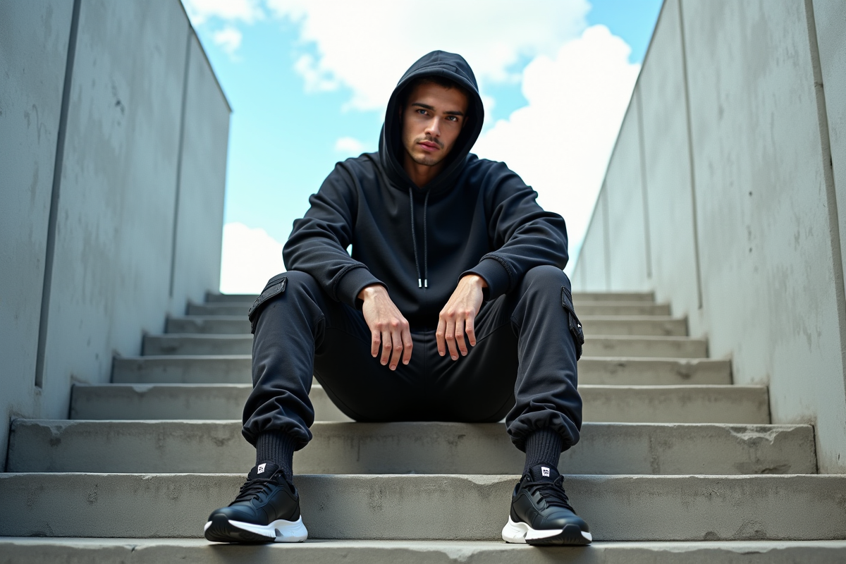 Personne en streetwear assise sur des escaliers urbains