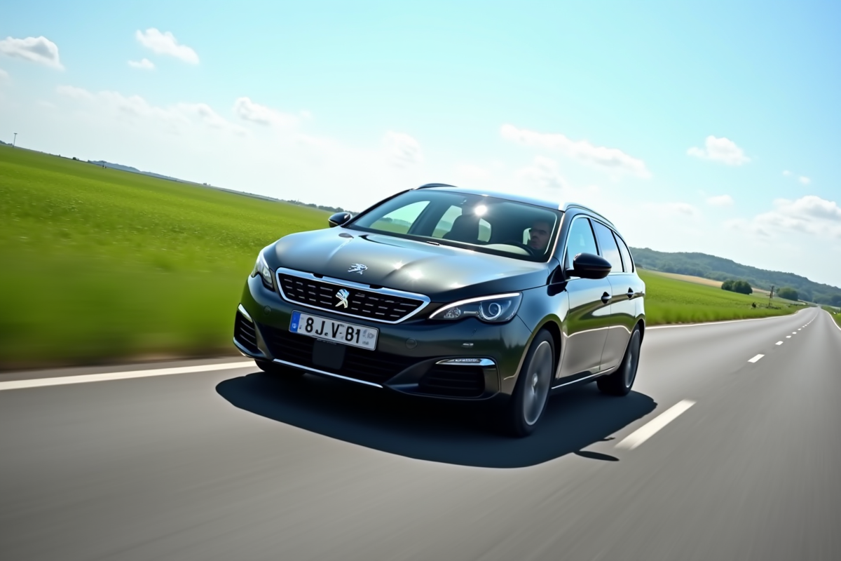 Peugeot 308 SW en conduite sur route de campagne en journée