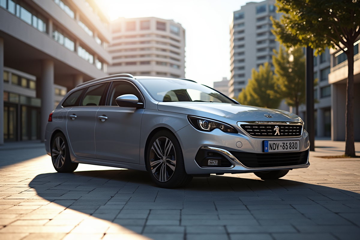 Peugeot 308 SW stationnee en ville avec architecture moderne