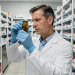 Pharmacien ARC en blouse blanche examinant un flacon de médicament dans une officine moderne