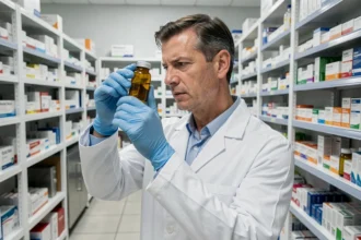 Pharmacien ARC en blouse blanche examinant un flacon de médicament dans une officine moderne