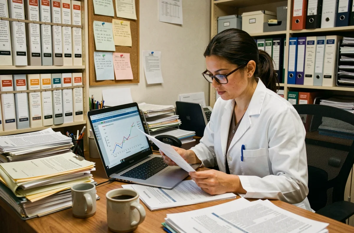 Pharmacienne ARC analysant des documents d'essais cliniques à son bureau de recherche