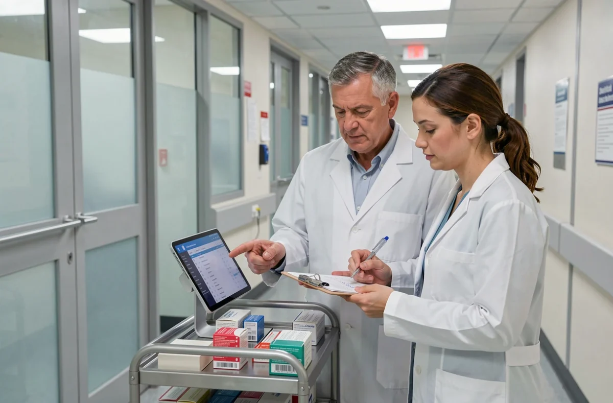 Deux pharmaciens ARC collaborant sur un planning de médication dans un couloir hospitalier