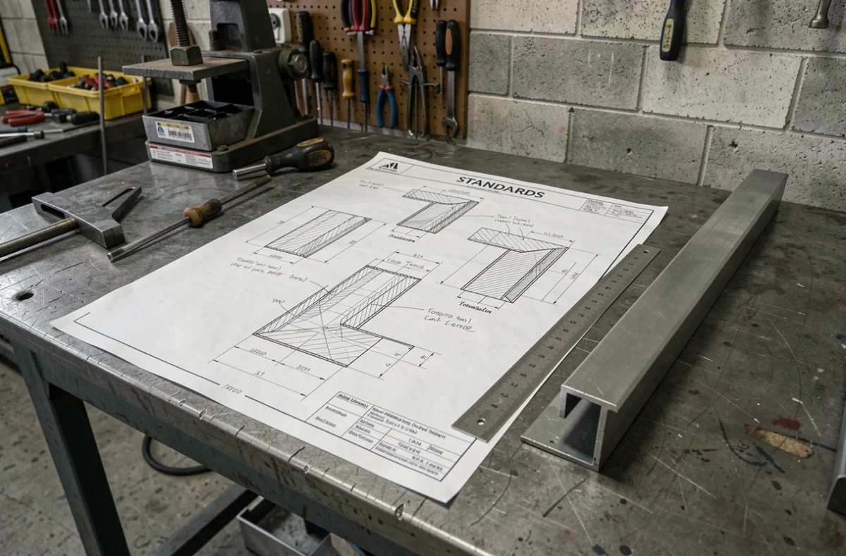 Plans techniques et échantillon de cornière acier en L posés sur un établi d'atelier de fabrication métallique, avec annotations de tolérances réglementaires