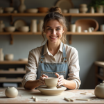 Jeune femme façonnant de l'argile sur un tour de potier dans un atelier lumineux