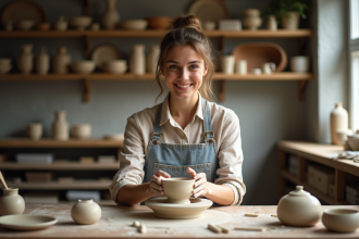 Jeune femme façonnant de l'argile sur un tour de potier dans un atelier lumineux