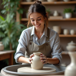 Jeune femme façonnant un vase en céramique dans un atelier parisien