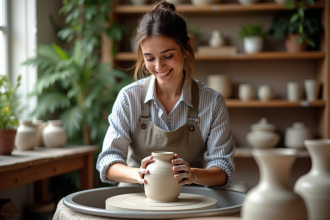 Jeune femme façonnant un vase en céramique dans un atelier parisien