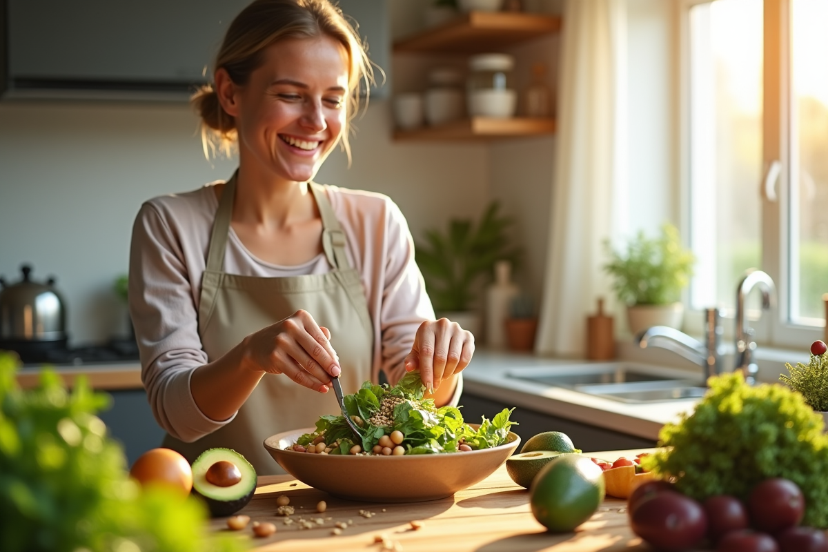 Adulte préparant une salade fraîche dans une cuisine lumineuse