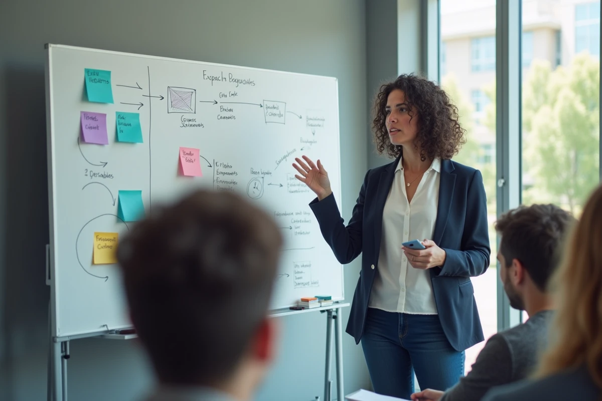 Femme chercheuse présentant un schéma participatif sur un tableau blanc dans une salle de séminaire universitaire moderne