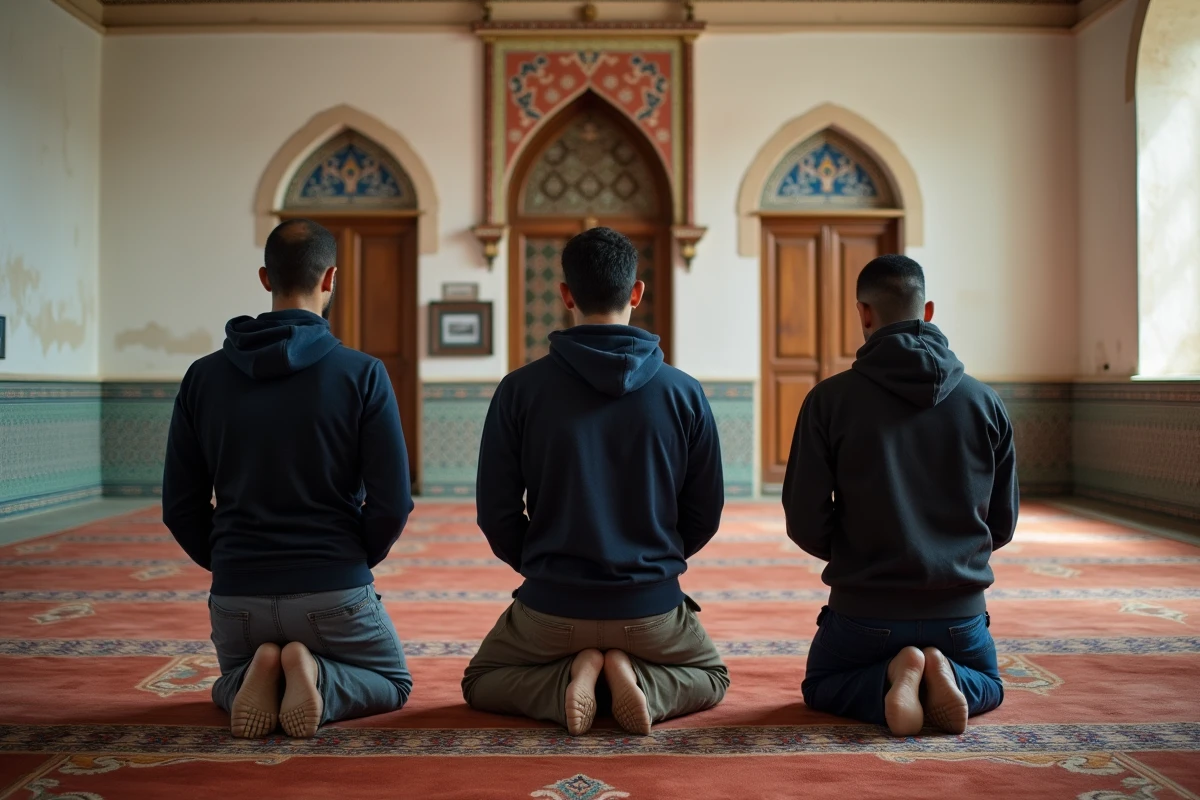 Groupe d'hommes accomplissant la prière collective dans une mosquée de quartier à Toulouse