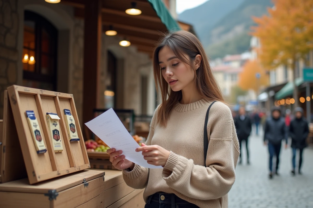 Femme comparant les prix du tabac sur un marché en Andorre lors d'un séjour shopping transfrontalier