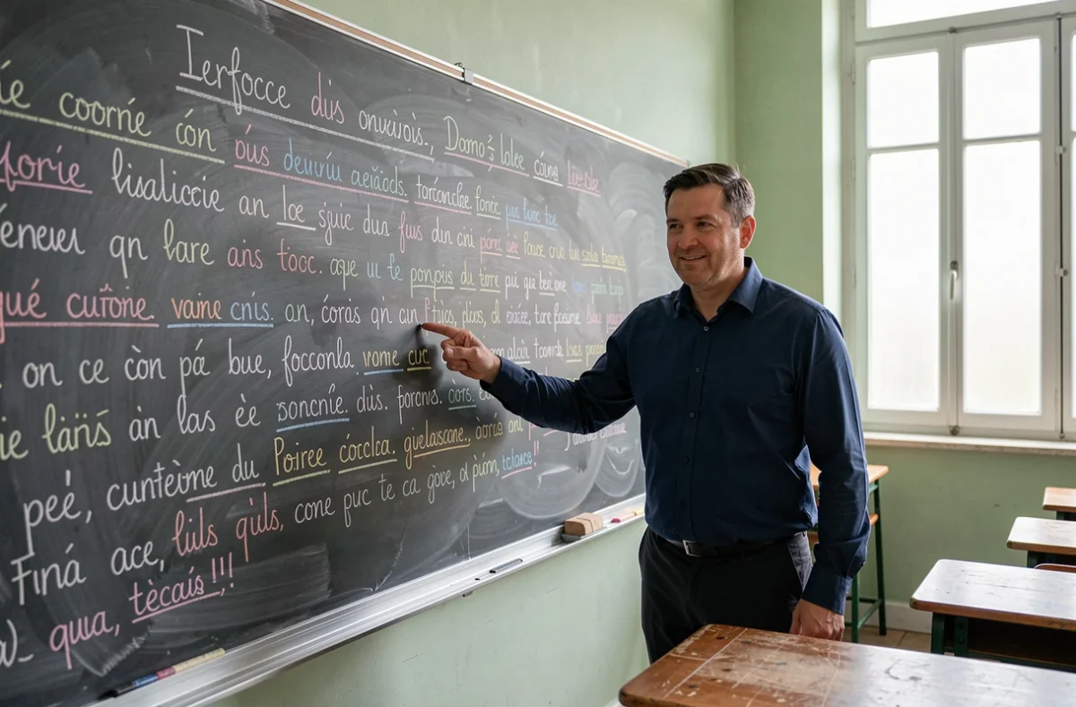 Professeur de français pointant des corrections orthographiques sur un tableau noir dans une salle de classe traditionnelle