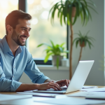 Professionnel souriant utilisant un laptop dans un bureau lumineux