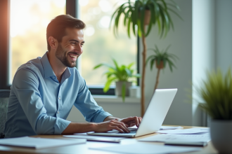 Professionnel souriant utilisant un laptop dans un bureau lumineux