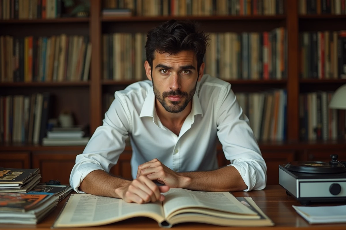 Homme recherchant des informations sur des chanteurs américains oubliés des années 70 et 80 entouré de magazines musicaux vintage