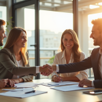 Couple confiant serrant la main avec agent immobilier dans un bureau lumineux