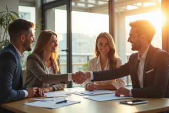 Couple confiant serrant la main avec agent immobilier dans un bureau lumineux