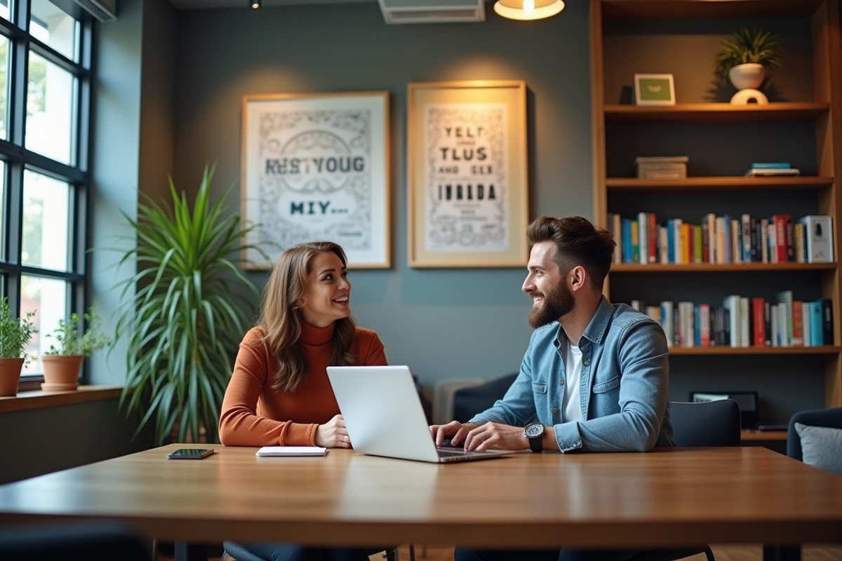 Réunion détendue dans un espace de coworking avec deux professionnels discutant