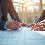 Réunion sur le chantier avec plans de construction